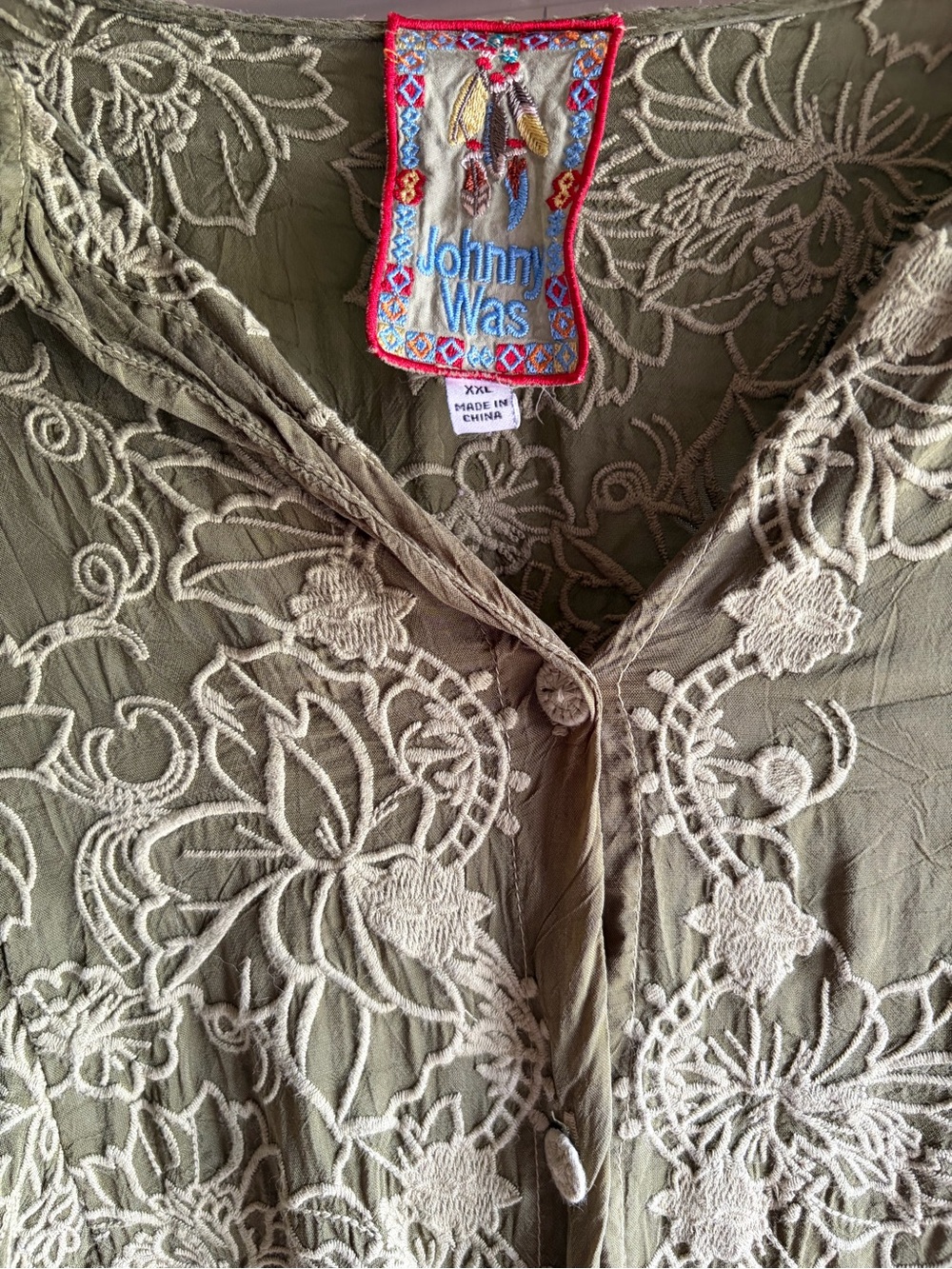 Johnny Was Olive Green Embroidered Button-Front Blouse - Picture 2 of 4